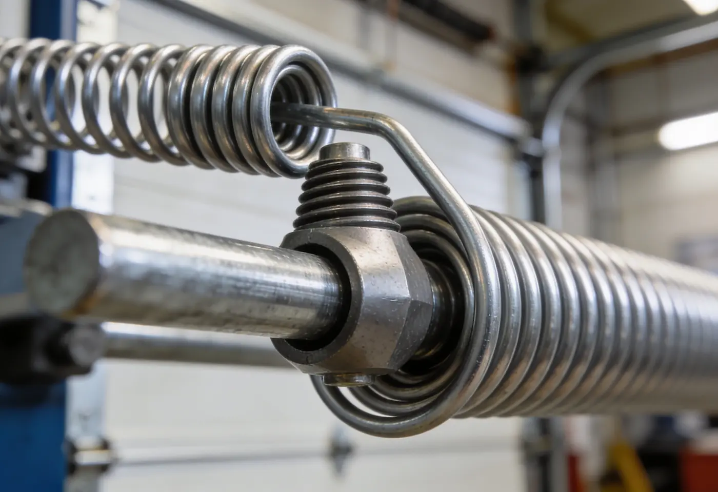 Garage door cable repair on a Jacksonville home, showing the lift cable and spring mechanism above the door